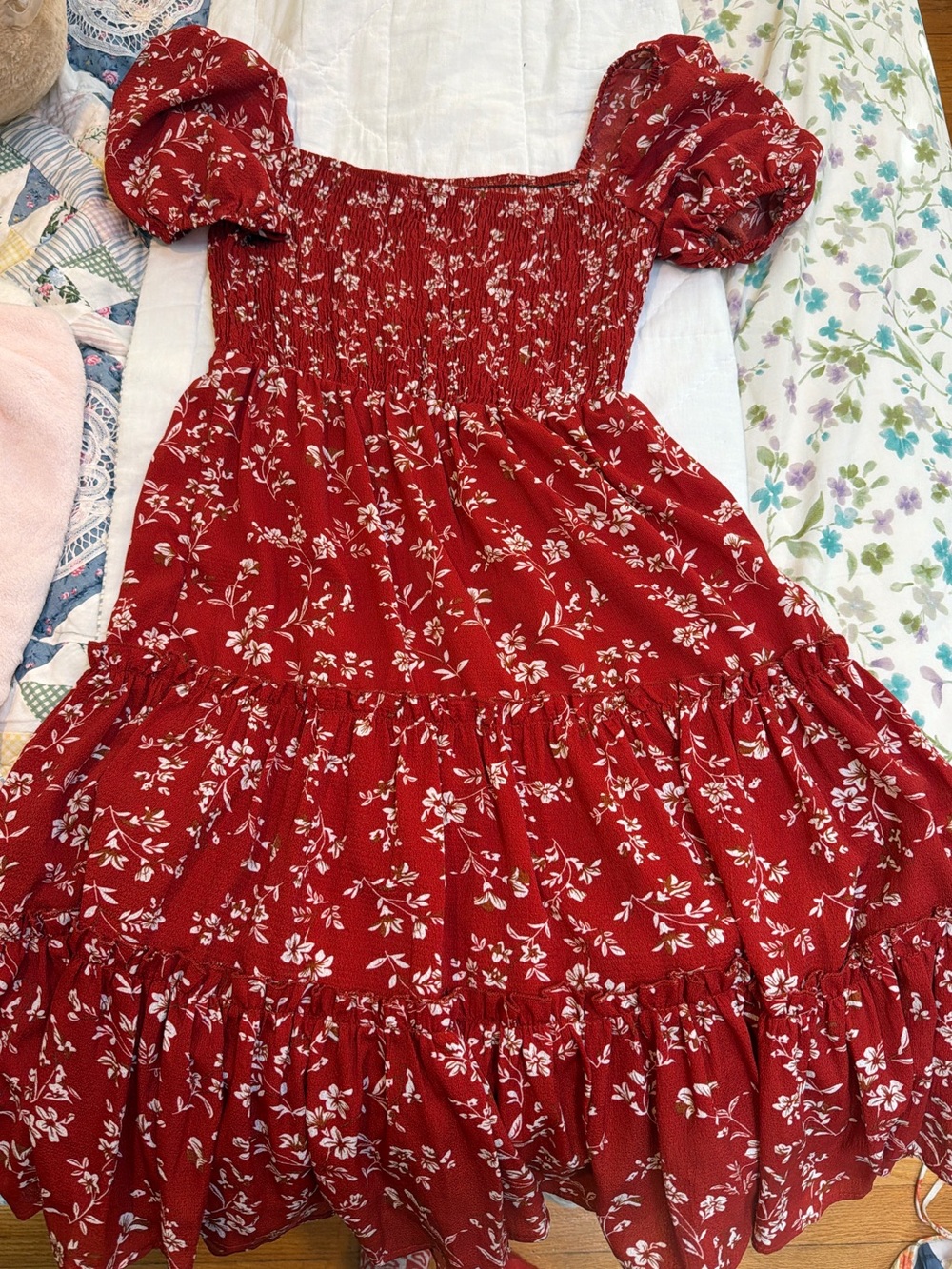 Red Floral Puff-Sleeve Dress